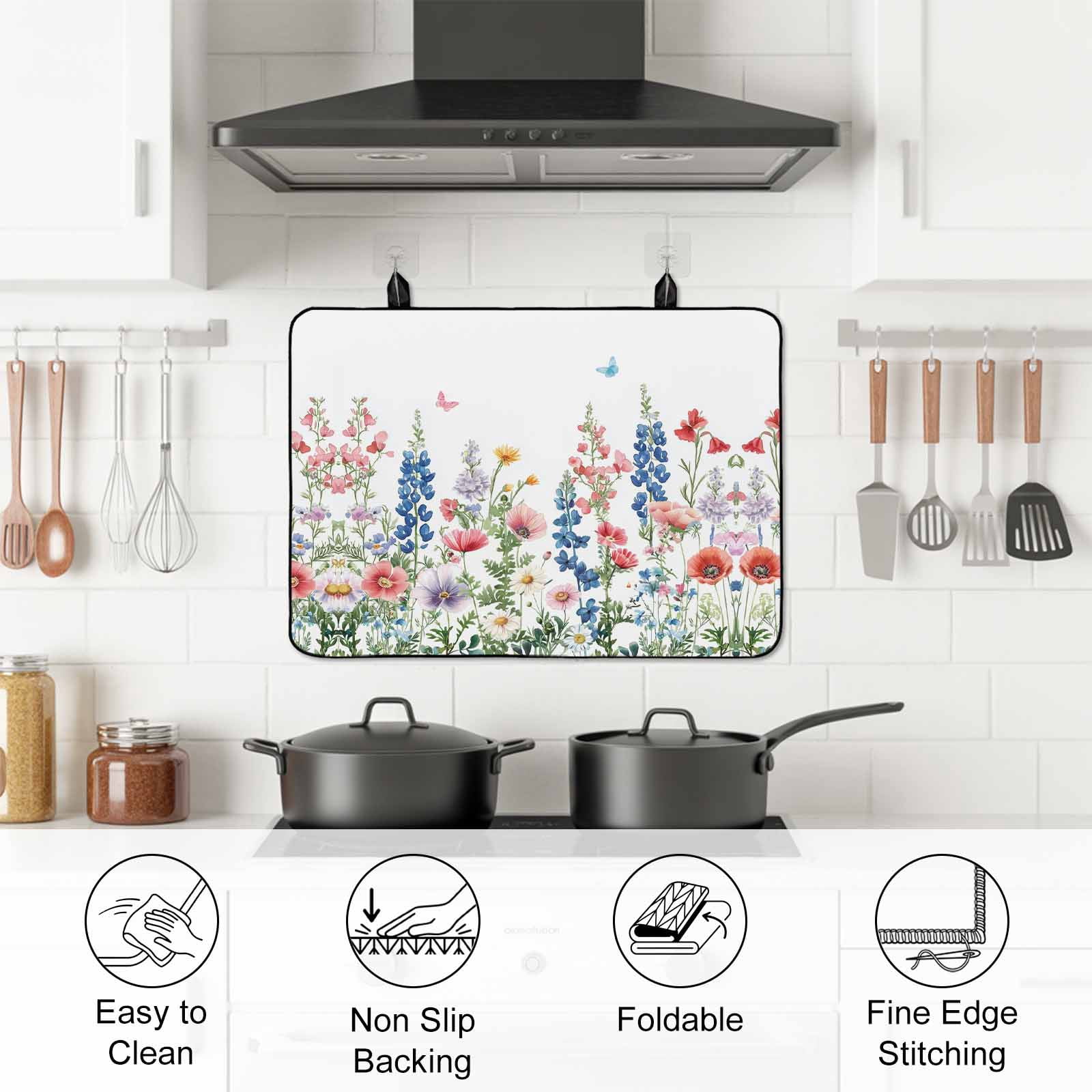 Watercolor Flowers Stove Top Cover for Electric Stove, Heat-proof & Non Slip Glass Top Stove Cover Protector, Blue Pink Butterfly Spring Bptanical Kitchen Flat Cooktop Rubber Mat 24x21 Inches