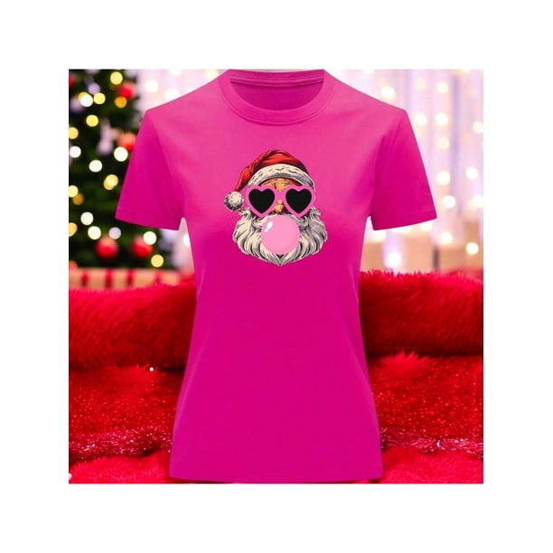 Playera Blusa Con Estampado De Santa Fashion Con Lentes Y Chicle Ropa De Mujer Color Fucsia Talla Chica Marca Emil SaEs