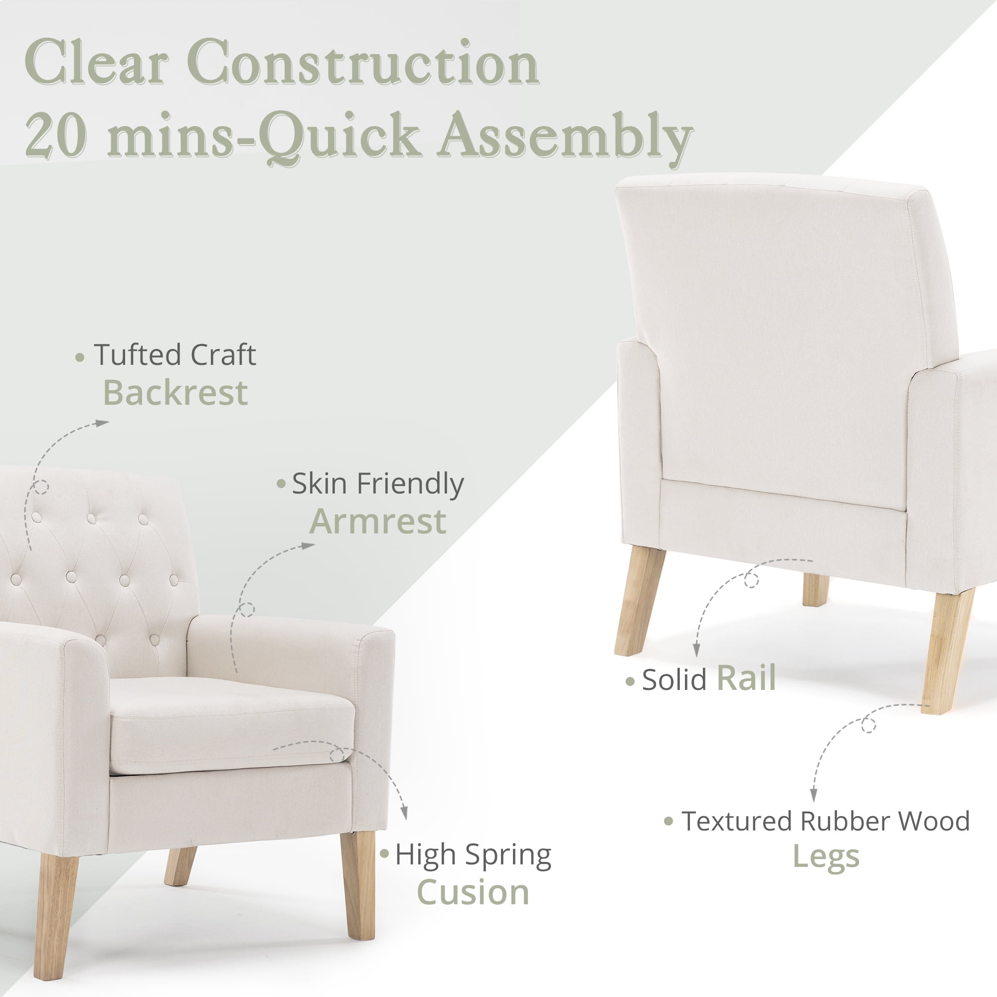 Dycanpo Linen Accent Chair Set of 2, Armchairs 18.5" Tall for Home, Bedroom, Living Room, Beige