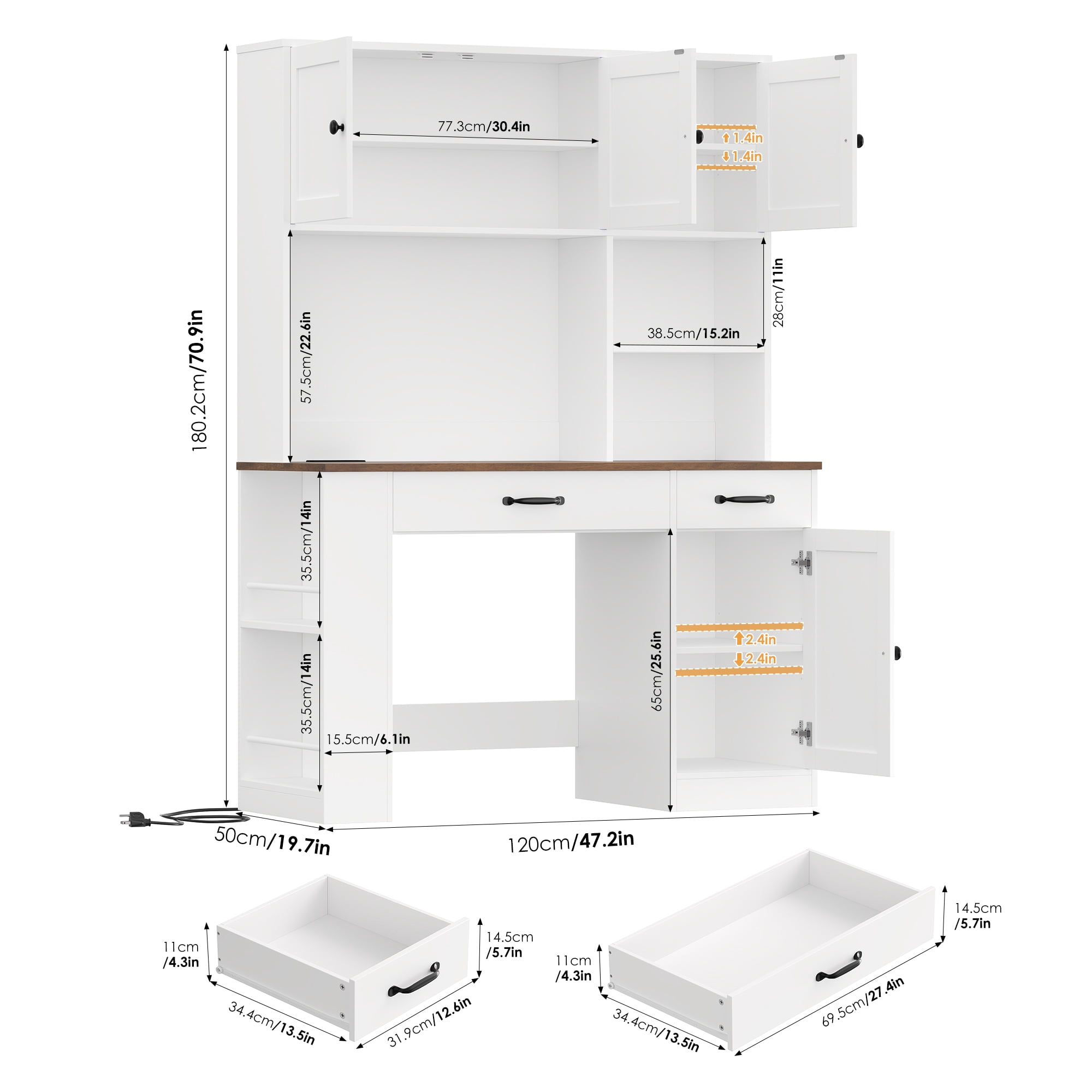 Hiphuta LED Desk with Hutch, Computer Desk with Bookshelves and Charging Station, Study Desk with Storage, White