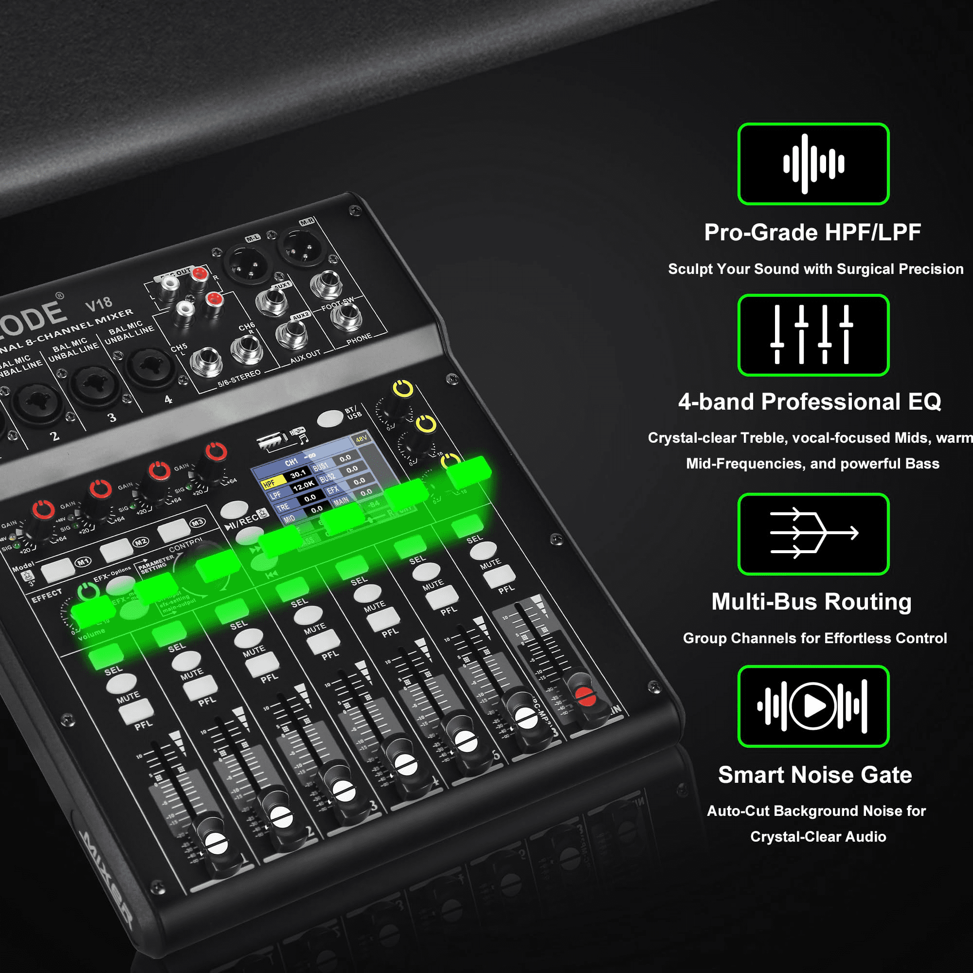 Digital Mixer 8 Channel Compact Audio Mixing Console with 16 DSP Effects, Professional 6-Band EQ DJ Music Sound Mixer with 2.0 USB Port, Bluetooth & PC Debugging for Recording Live Performance