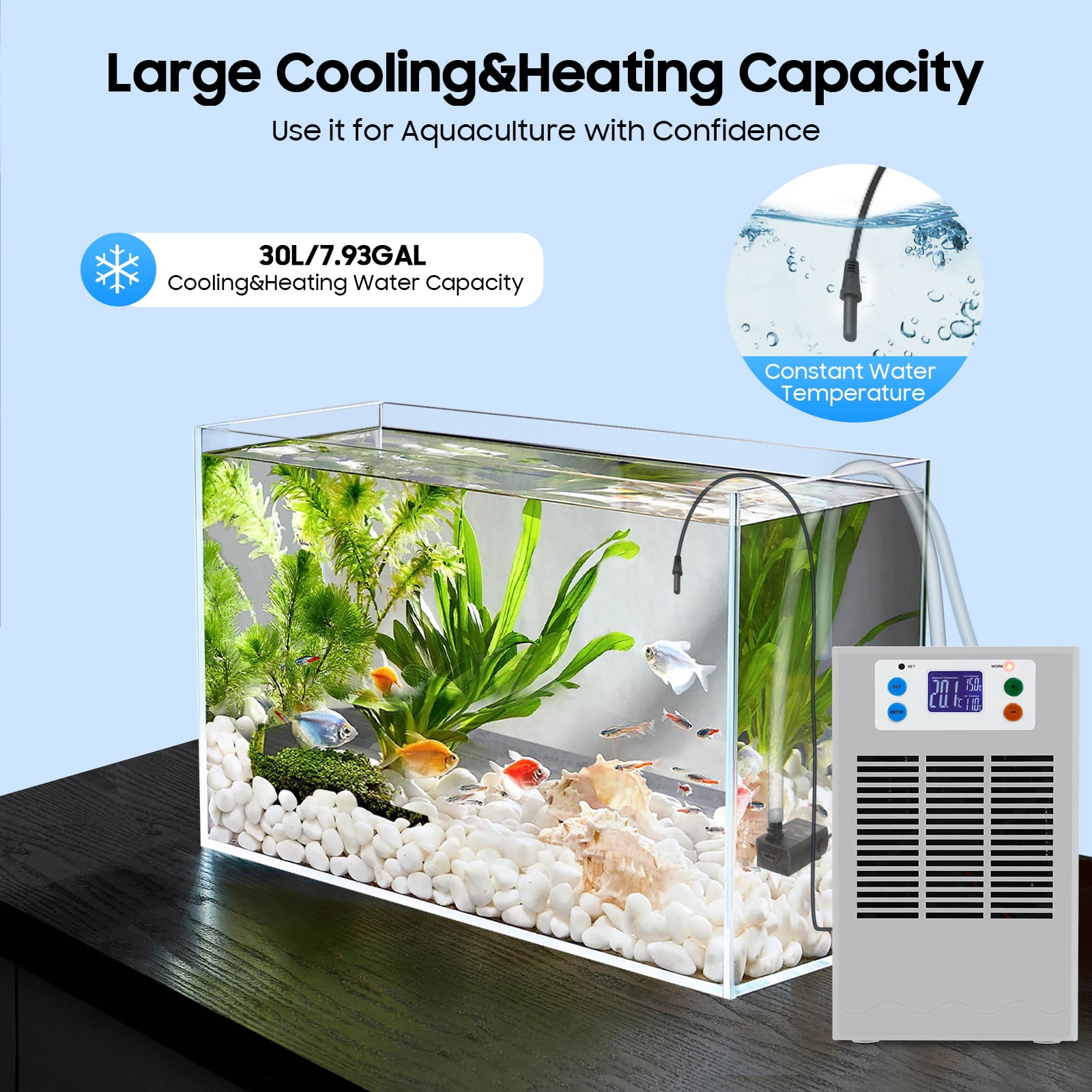 Aquarium Water Chiller 100W with Digital Control & Pump, Compact 30L Cooling Capacity for Freshwater & Saltwater Tanks – Low Noise 35dB