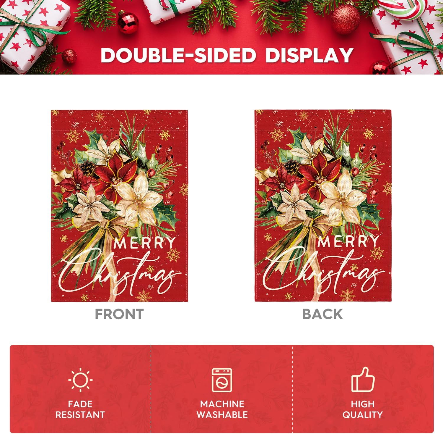 Lanola Floral Merry Christmas House Flag 28x40 Inch Double Sided Outside, Christmas Flowers Winter Holiday Yard Outdoor Decorative Flag