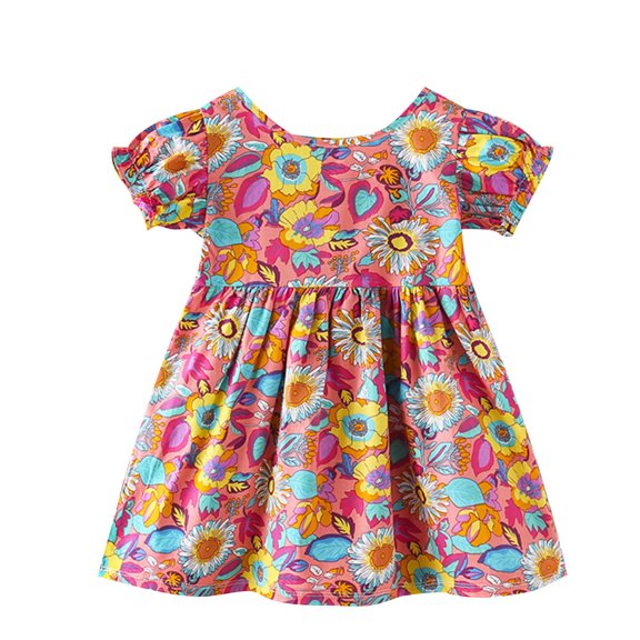 IFNWSV Girls Summer Dress Short Sleeve Crew Neck Fashion Print Casual Sundress with Pockets Beige 8 Years