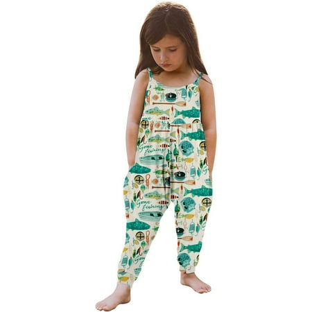 

QISIWOLE Toddler Baby Girl Jumpsuits Summer Cartoon Printing Strap Romper Pants With Pockets Discount