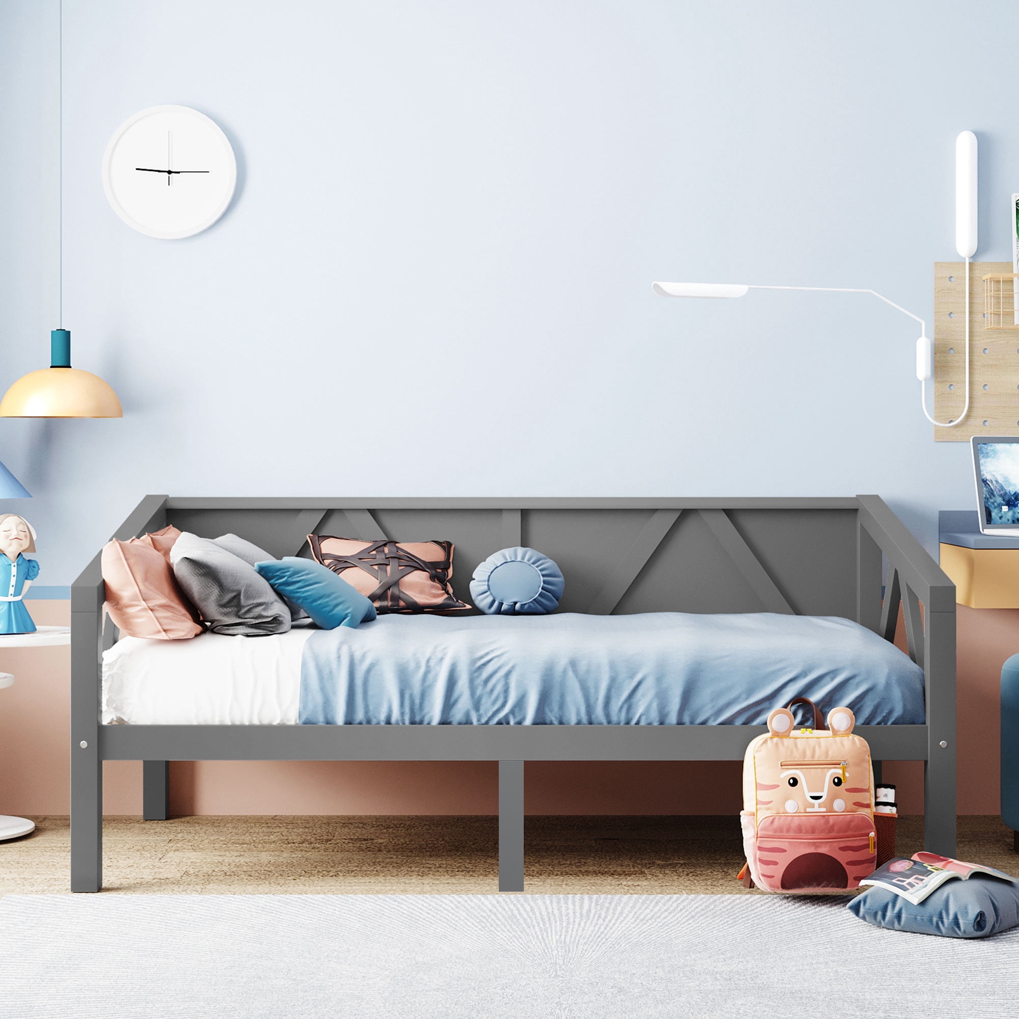 Aukfa Twin Size Bed Frame, Solid Wood Daybed with Slat Support for Kids Boys Girls, Gray