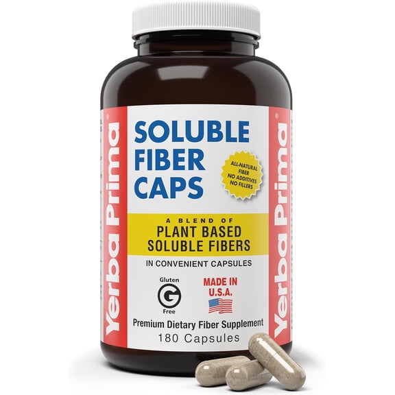 Yerba Prima Soluble Fiber Capsules, 180-Count - Natural Dietary Supplement Formula, Non-GMO, Gluten Free