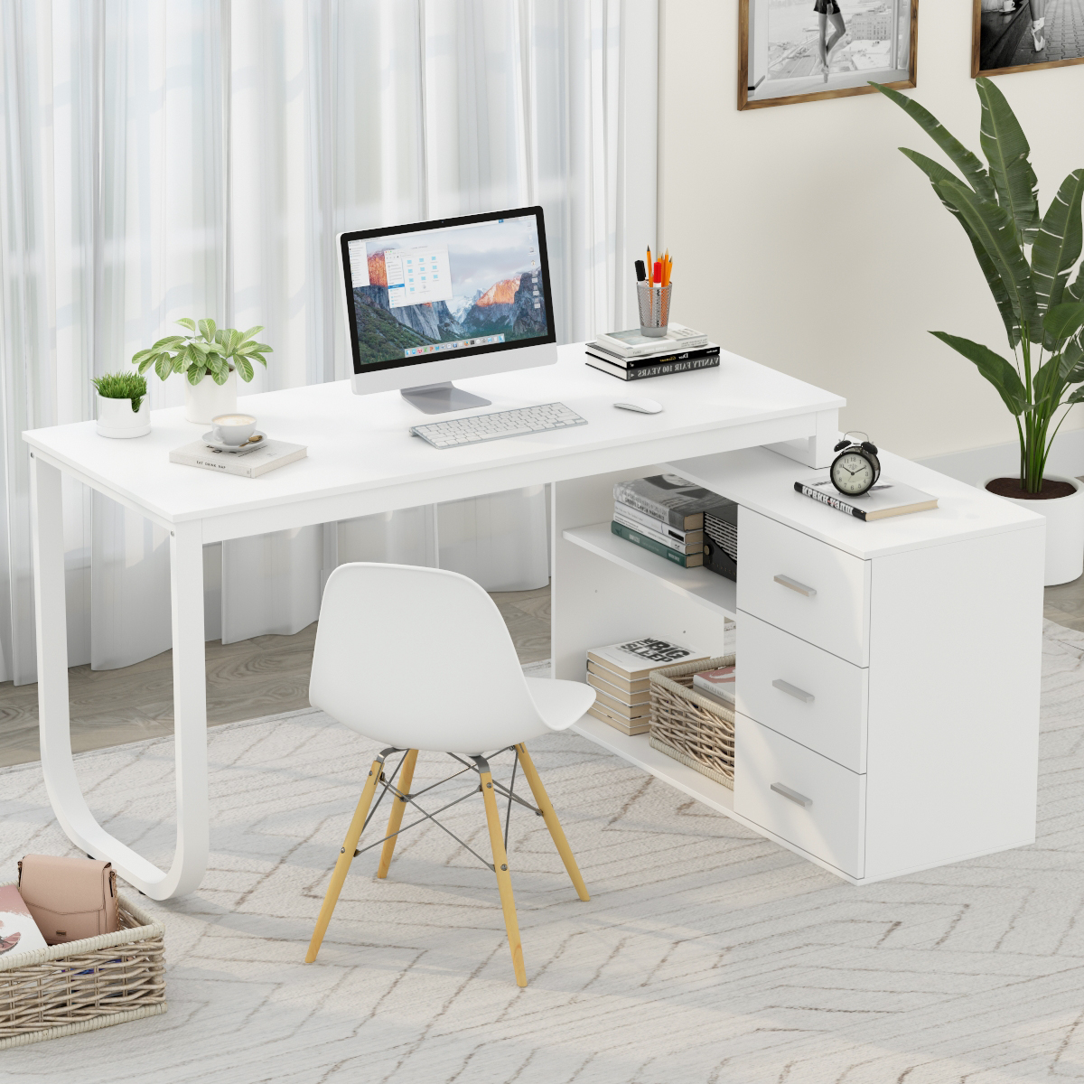 MONSLIPA L Shaped Desk with Storage Shelf and 3 Drawers, 55" Home Office Corner Office Writing Desk Study Workstation Table, White