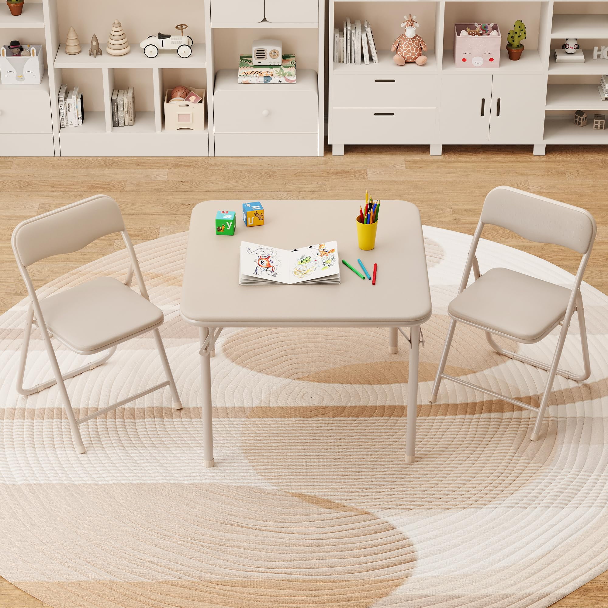 Ataucjin Kids Folding Activity Table and Chairs set,Kids Folding Table Set with Ultra Soft PU Padded Cushion for Eating Reading and Playing，3 Pcs