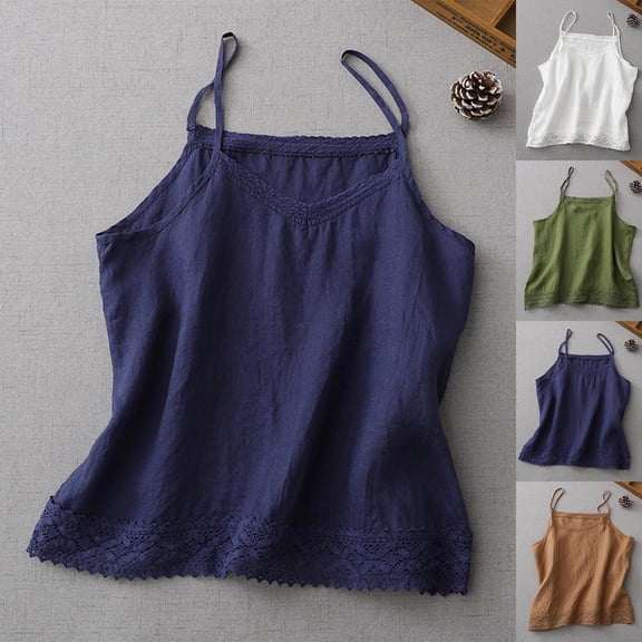 CHUMUD Cotton Linen Tank Tops for Women Spaghetti Strap Loose Fit Camisole Top Sleeveless V Neck Summer Cool Beach Vacation Top
