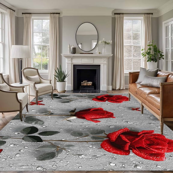 Large Area Rugs for Living Room Bedroom, Red Roses 6'x9' Rug Washable Carpet Runner Indoor Outdoor, Valentine's Day Butterflies Floral Romantic Gray Non Slip Floor Mats Rug for Kitchen, Playroom