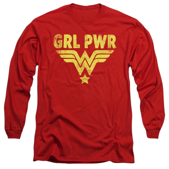 Wonder Woman Girl Power Yellow Unisex Adult Long-Sleeve T Shirt, Red, Medium