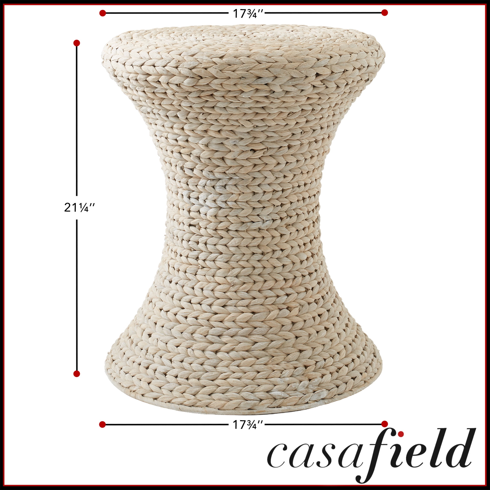 Casafield Hourglass Side Table - Whitewash White, Handwoven Water Hyacinth, Boho Wicker End Table for Bedroom, Entryway, Living Room, Office