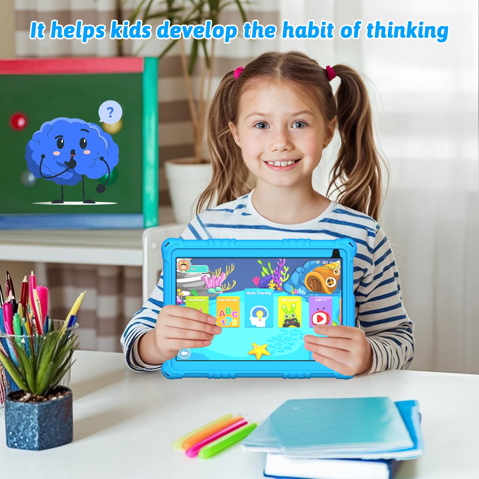 Peicheng Tablet for Kids, 10" Android 15 Kids Tablet with EVA Case, Parental Control Pre-Installed Education Apps, 6(2+4)GB RAM 32GB Storage 6000mAh WiFi 6, Front 2MP+Back 8MP Dual Cameras - Blue