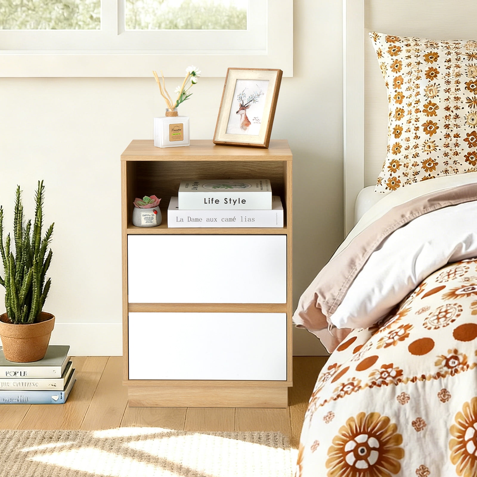 Ktaxon NightStand Set of 2 with 2 Storage Drawers BedsideTable, End Side for Bedroom, Country Style Oak