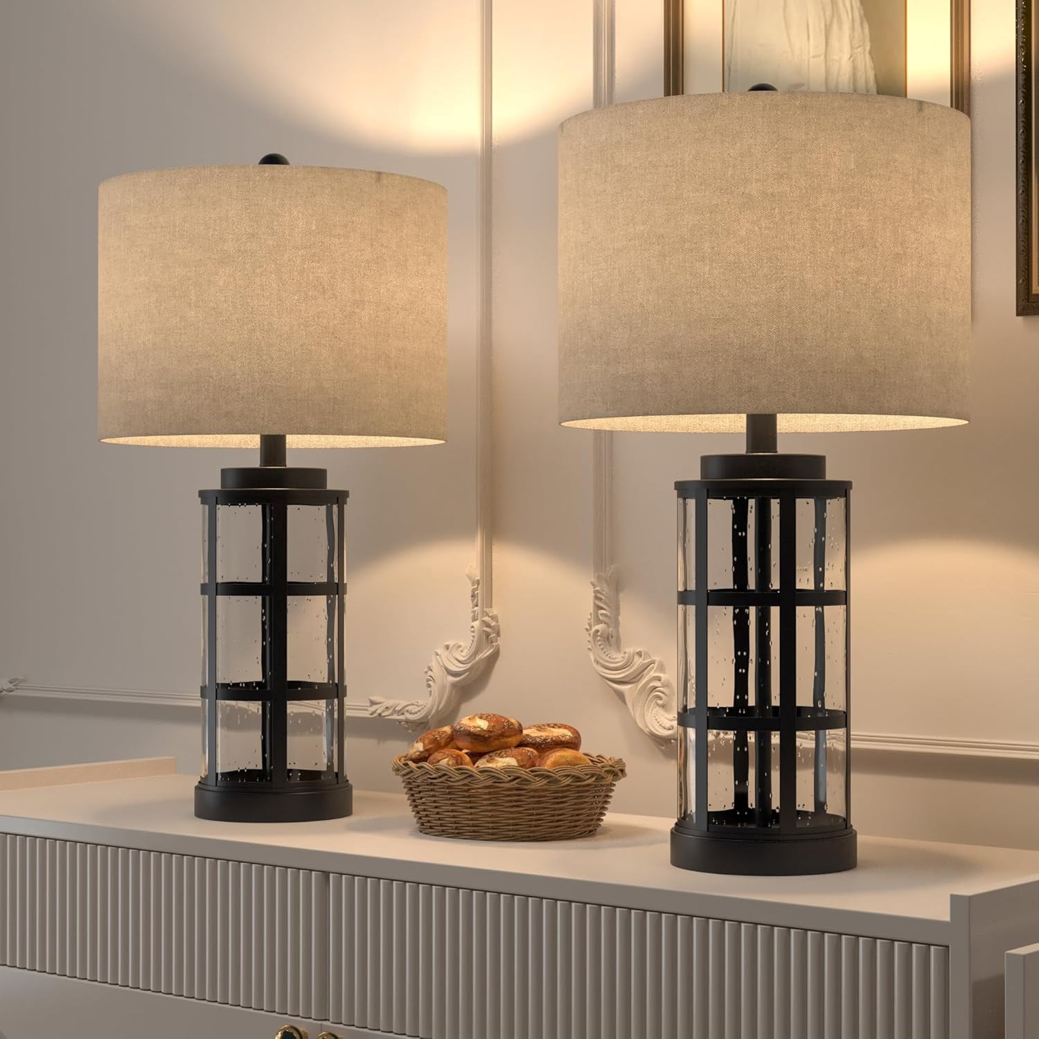 Maxax 25'' Glass Table Lamp Set of 2, Traditional Black Lamp sets with USB Port & Type C for Living Room Bedroom