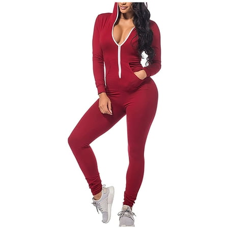 

TANGON Women Casual Rompers Solid Zipper Hooded With Pocket Bodysuit Adults Jumpsuit Pajamas