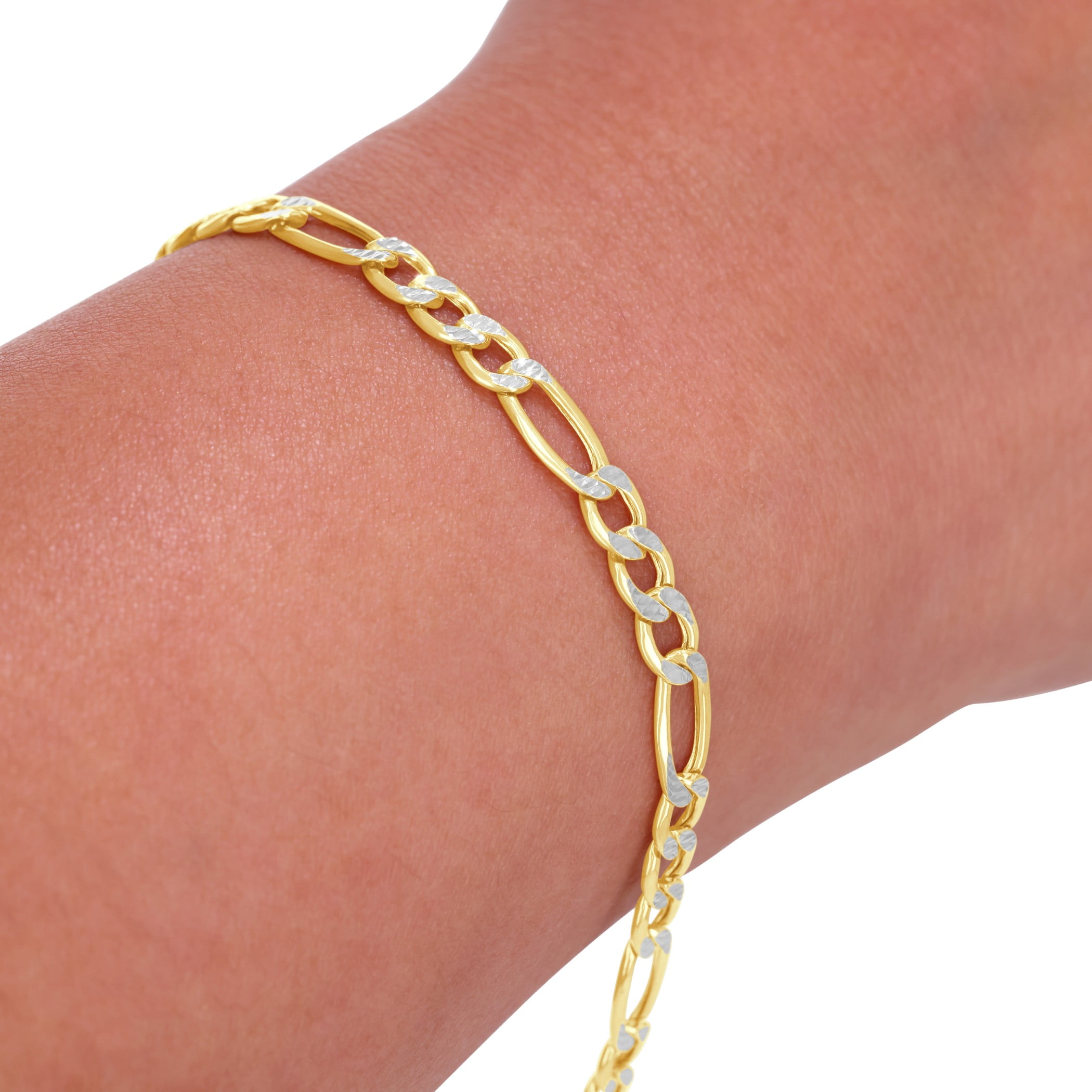 Nuragold 10k Real Yellow Gold Figaro Link 4.5mm Diamond Cut Two Tone Pave Chain Bracelet (7"-9") Italian Jewelry for Men & Women