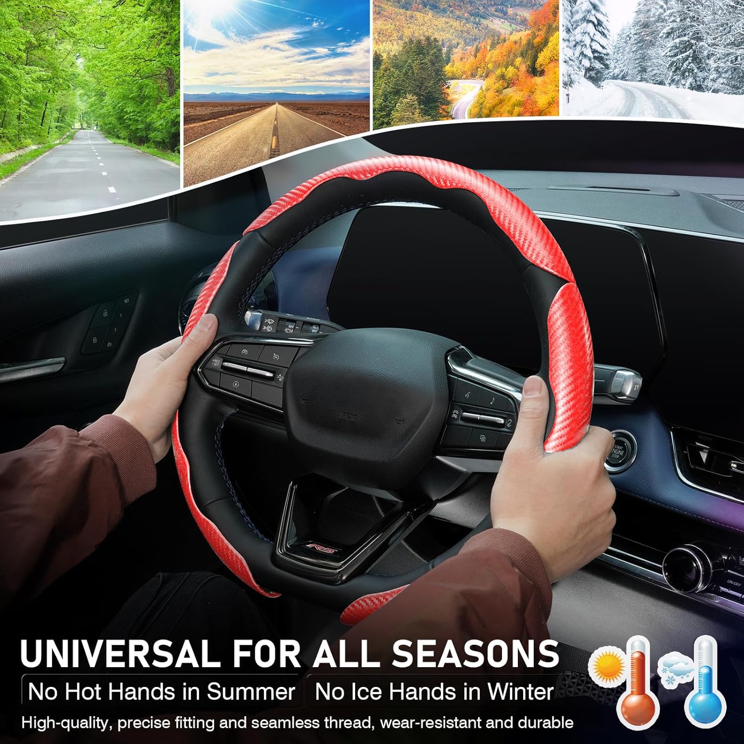 Canvcle 3 Piece Carbon Fiber Steering Wheel Cover, Car Steering Wheel Cover for Men/Women, Anti-Slip, Comfortable Grip, Durable, Universal for 99% Car Interior Accessories (Red)