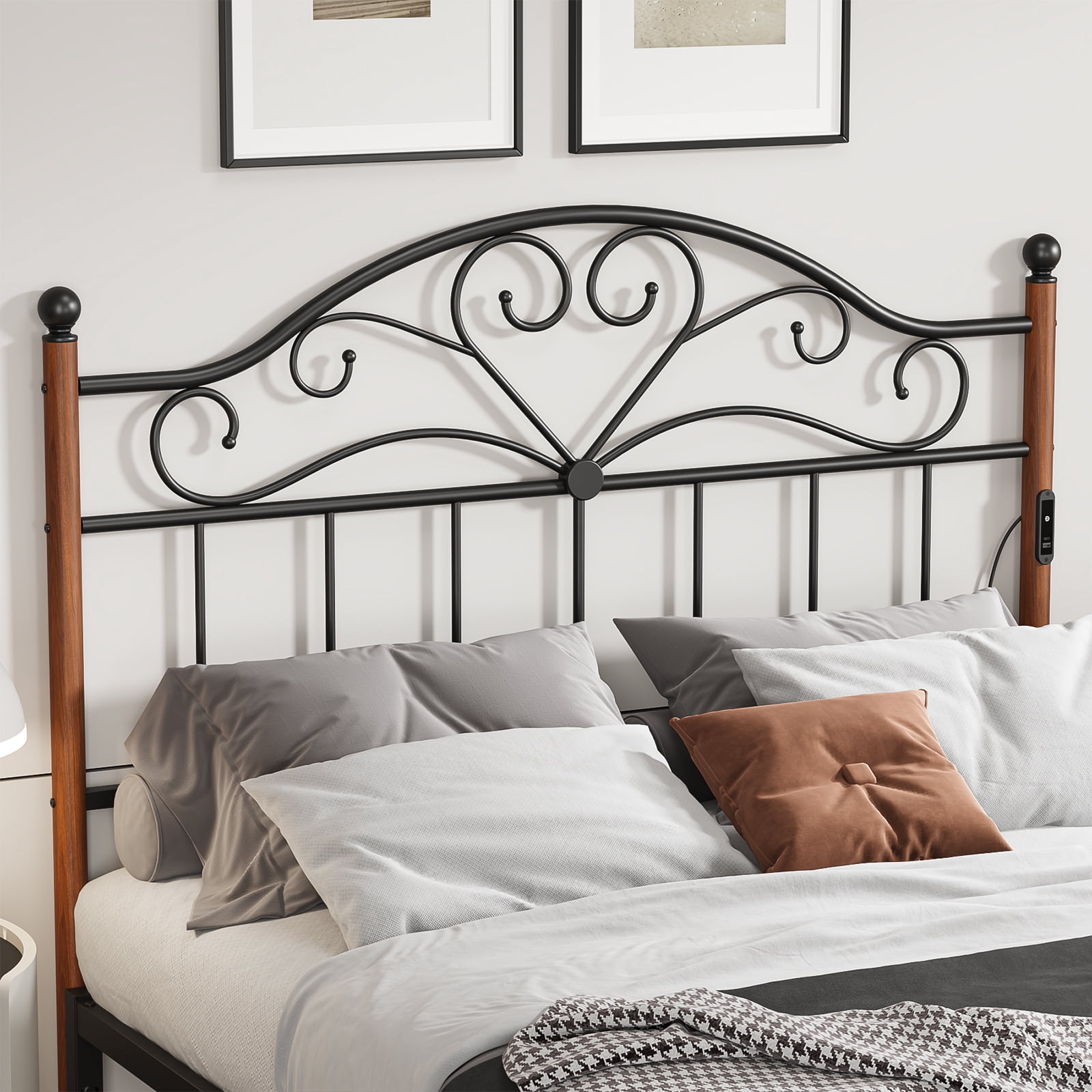 Yoneston Vintage Metal Queen Headboard with Charging and 3-Level Height Adjustment for Queen Adult Bed, Black