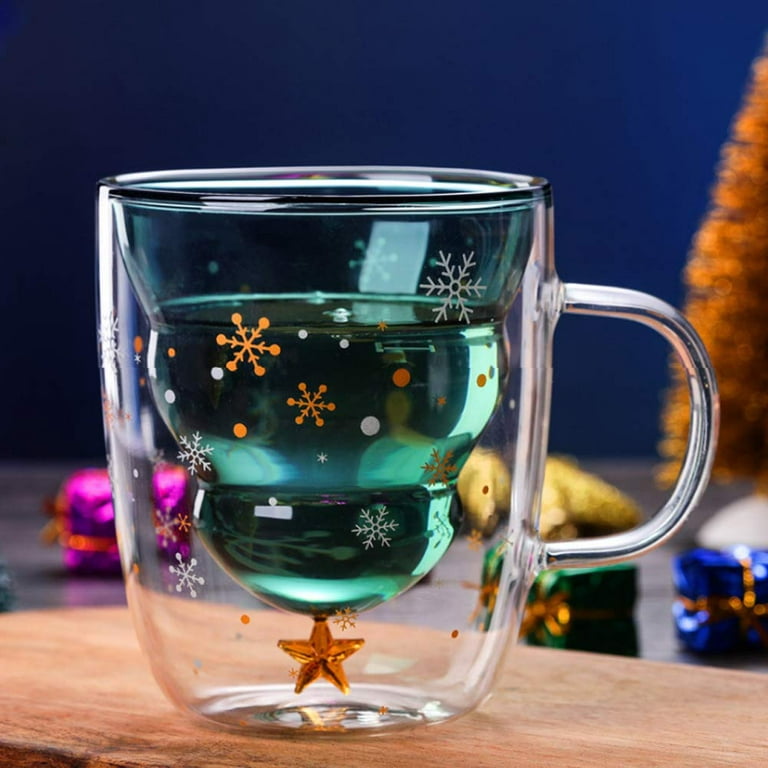 Fun Christmas Coffee Mugs Holiday Cups, Double Wall Glass Tableware with  Lid and Handle, Tree Snowflake Glassware for Tea, Milk, Beverage, Juice