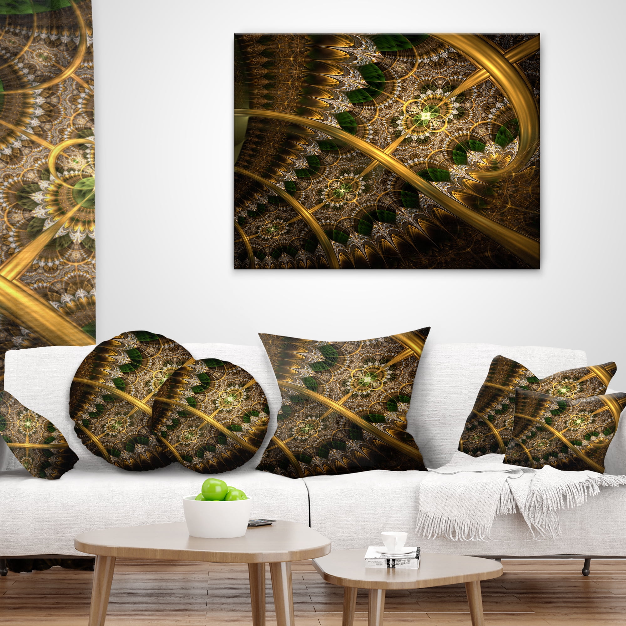Designart Dark Green Gold Fractal Flower - Abstract Throw Pillow - 18x18
