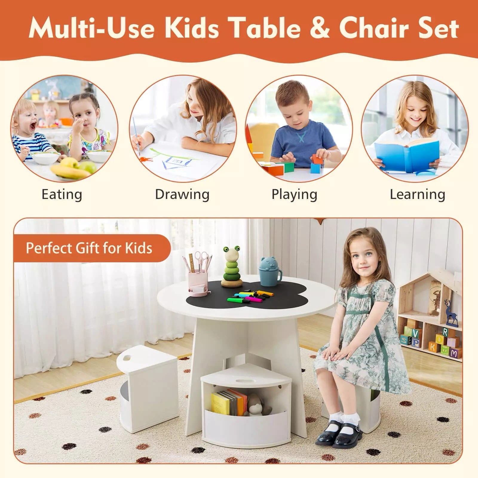 Auranook 5 PCS Kids Table and Chair Set with Writable Blackboard Desktop Toddler Table