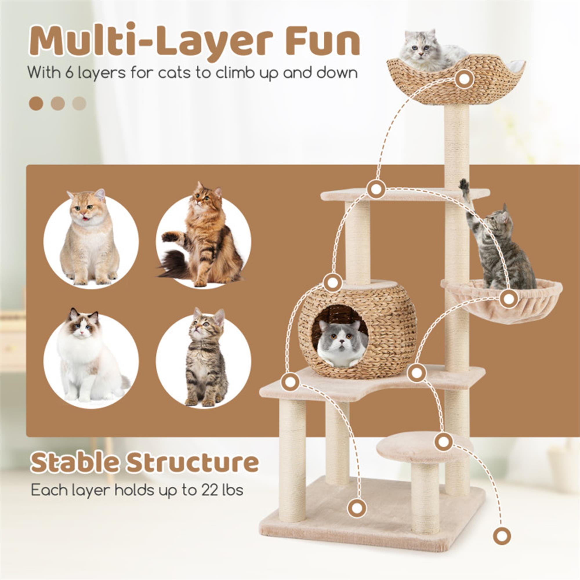 Kadyn 59" Modern Cat Tree Tower for Indoor Cats w/Natural Sisal Scratching Posts, Hand-Woven Condo and Top Perch, Cat Tree House for Kittens Climb Play, Beige