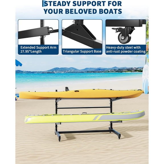 Historyli Kayak Storage Rack, for 2-6 Kayaks, Freestanding, with Movable Wheels, Heavy-Duty Steel
