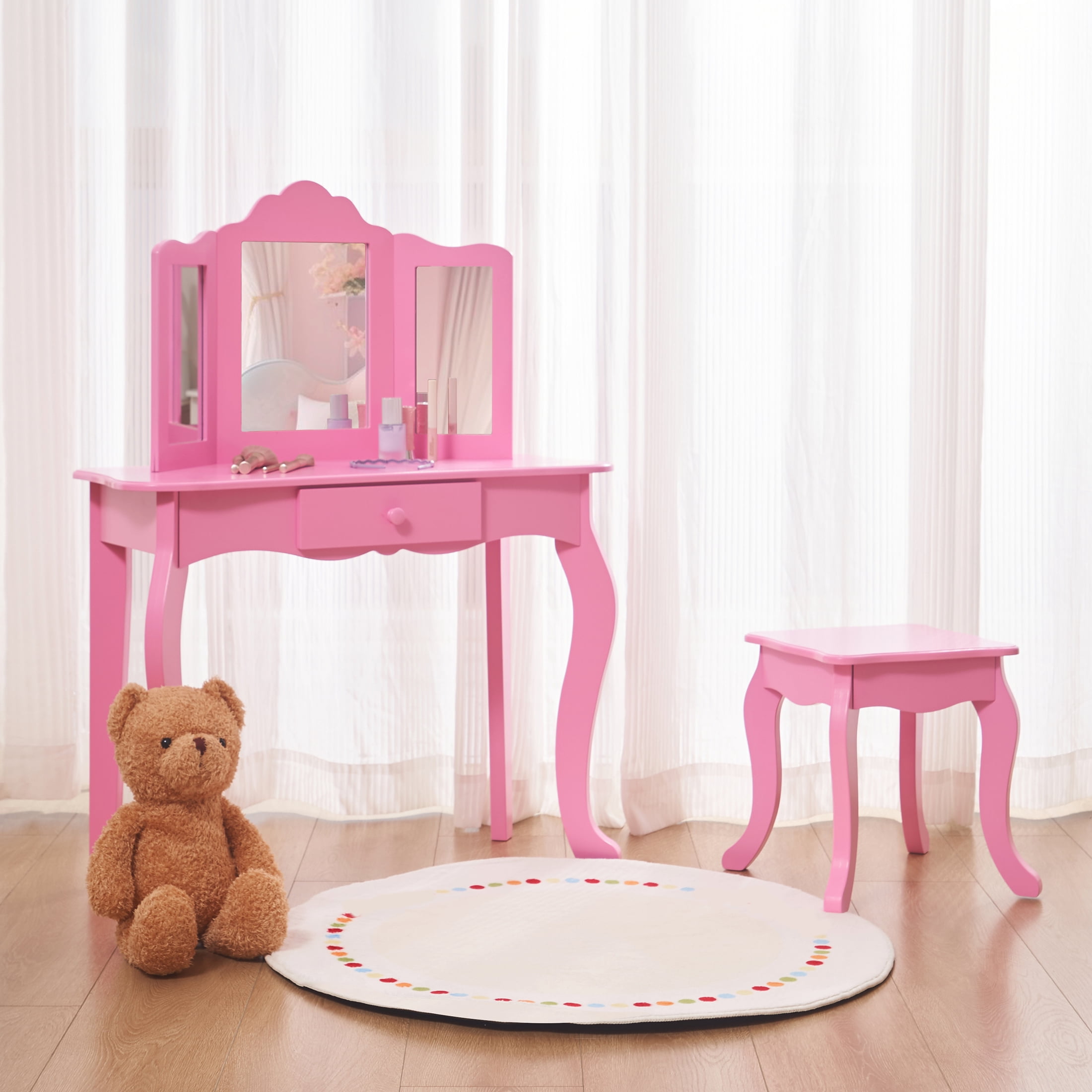 Your Zone Kids Wooden Vanity Table And Stool Set With 3 Mirrors,Pink,3 Year Old Up