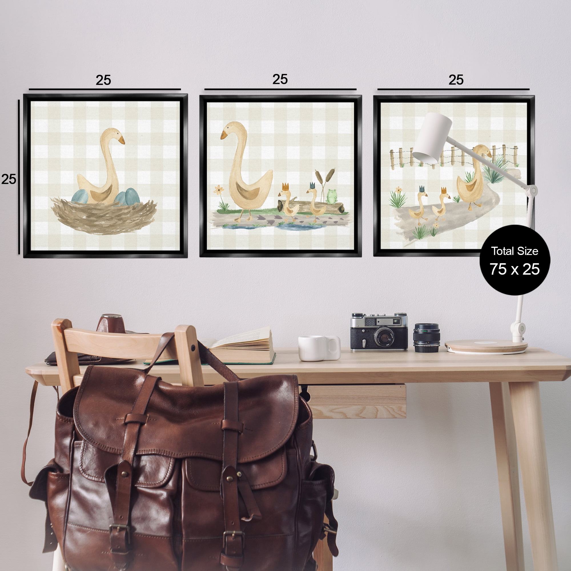Stupell Industries Mama Goose & Ducklings Animals Painting Black Floater Framed Canvas Art Print Wall Art, 25 x 25, Set of 3