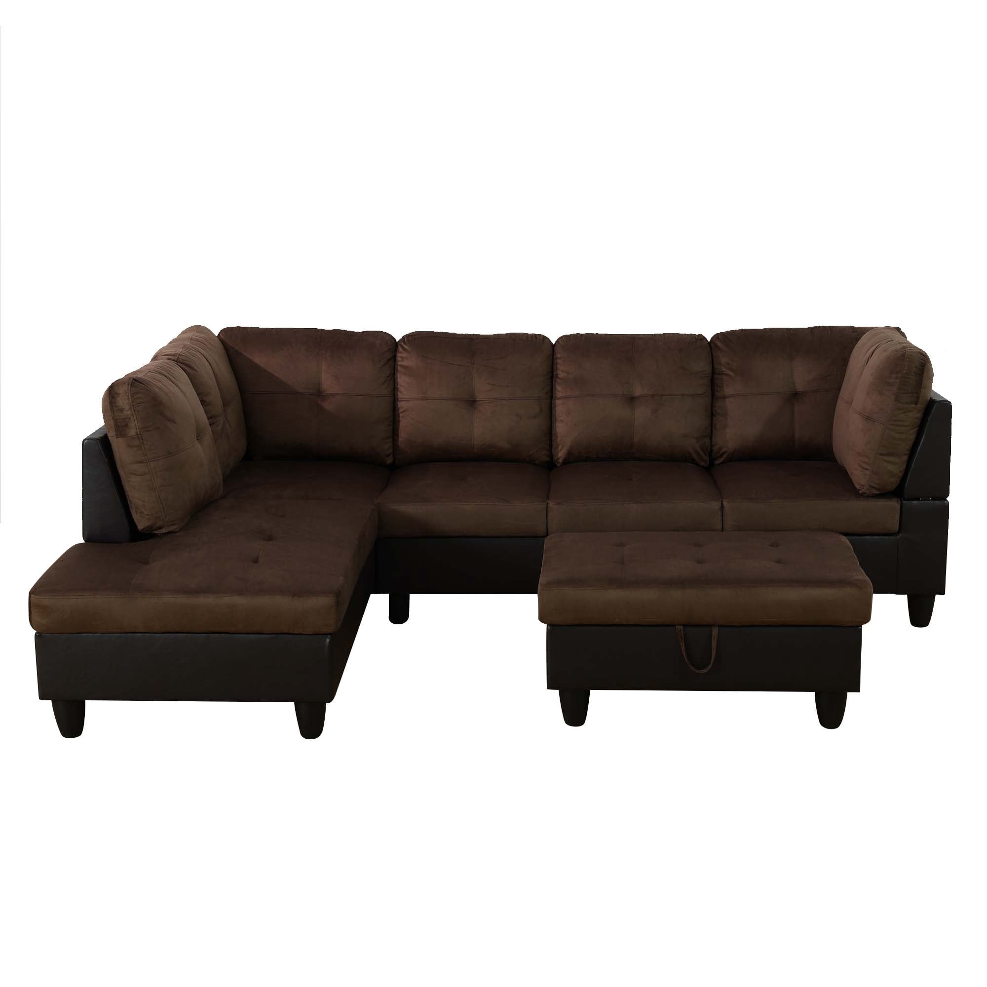 Aukfa Sectional Sofa, 3 Piece Living Room Couch with Storage Ottoman, Left Facing Chaise, Brown