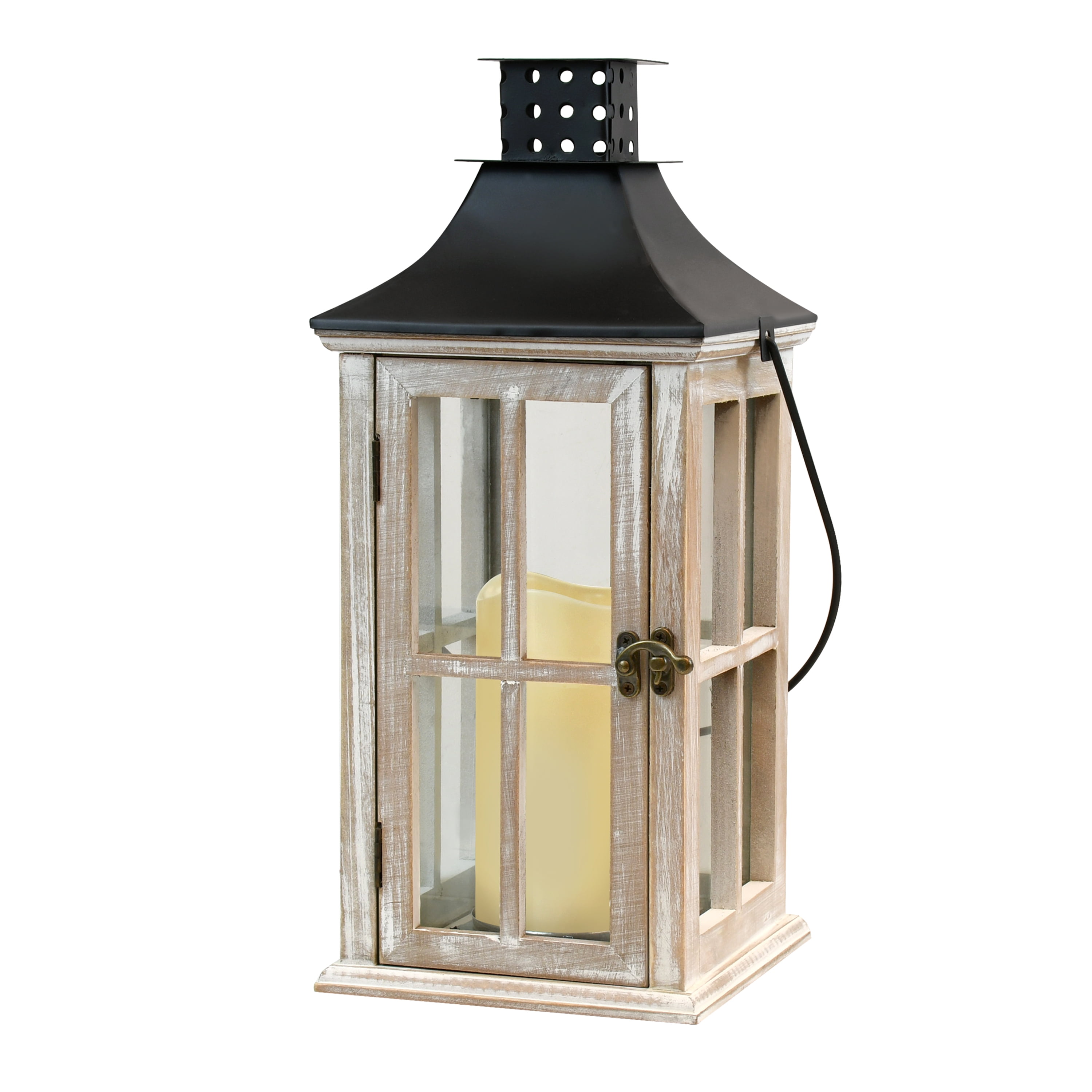 LumaBase Wooden Lantern with LED Candle, White Washed with Black Roof