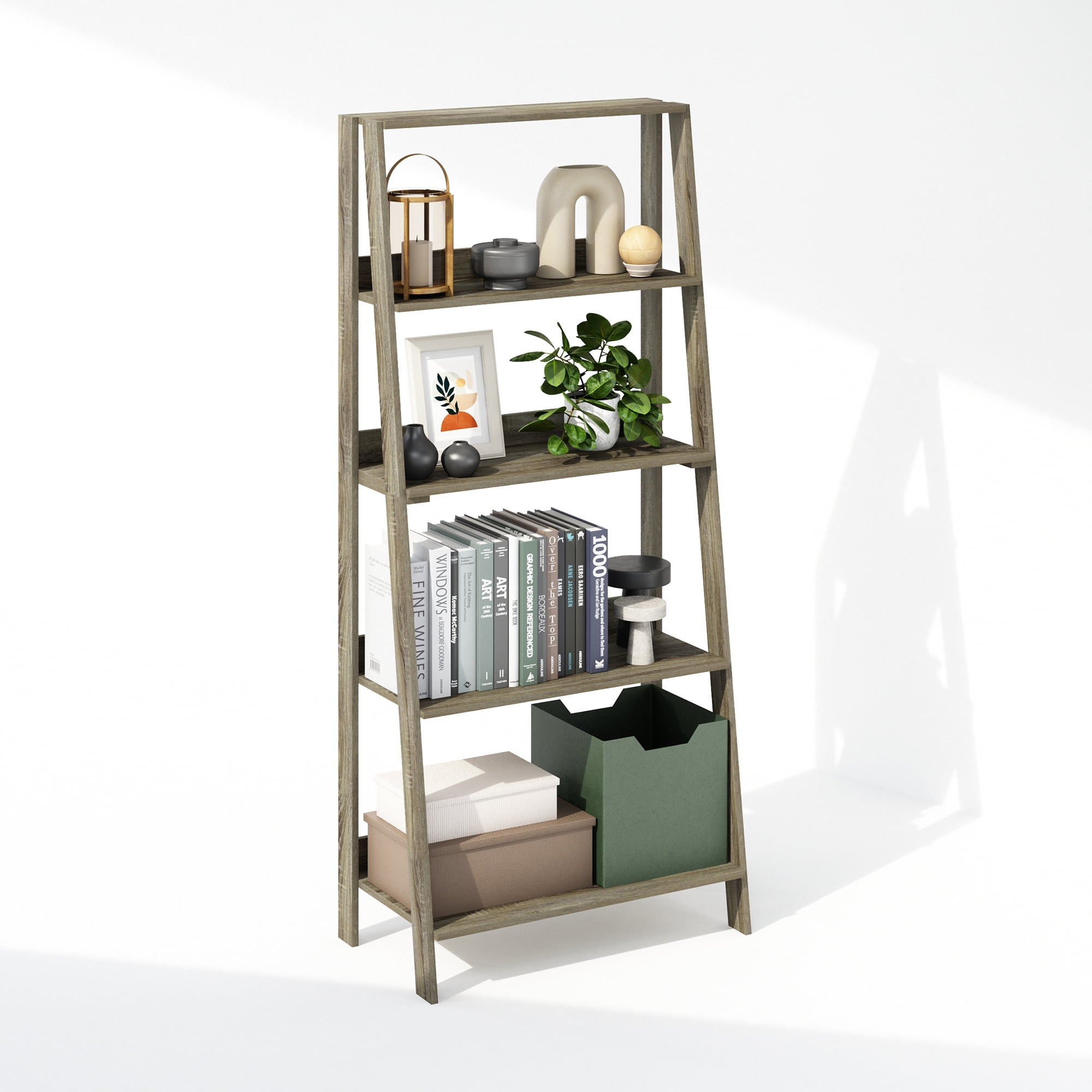 Furinno Ladder Adult Bookcase, Bookshelf, Display Shelf, 5-Tier, French Oak