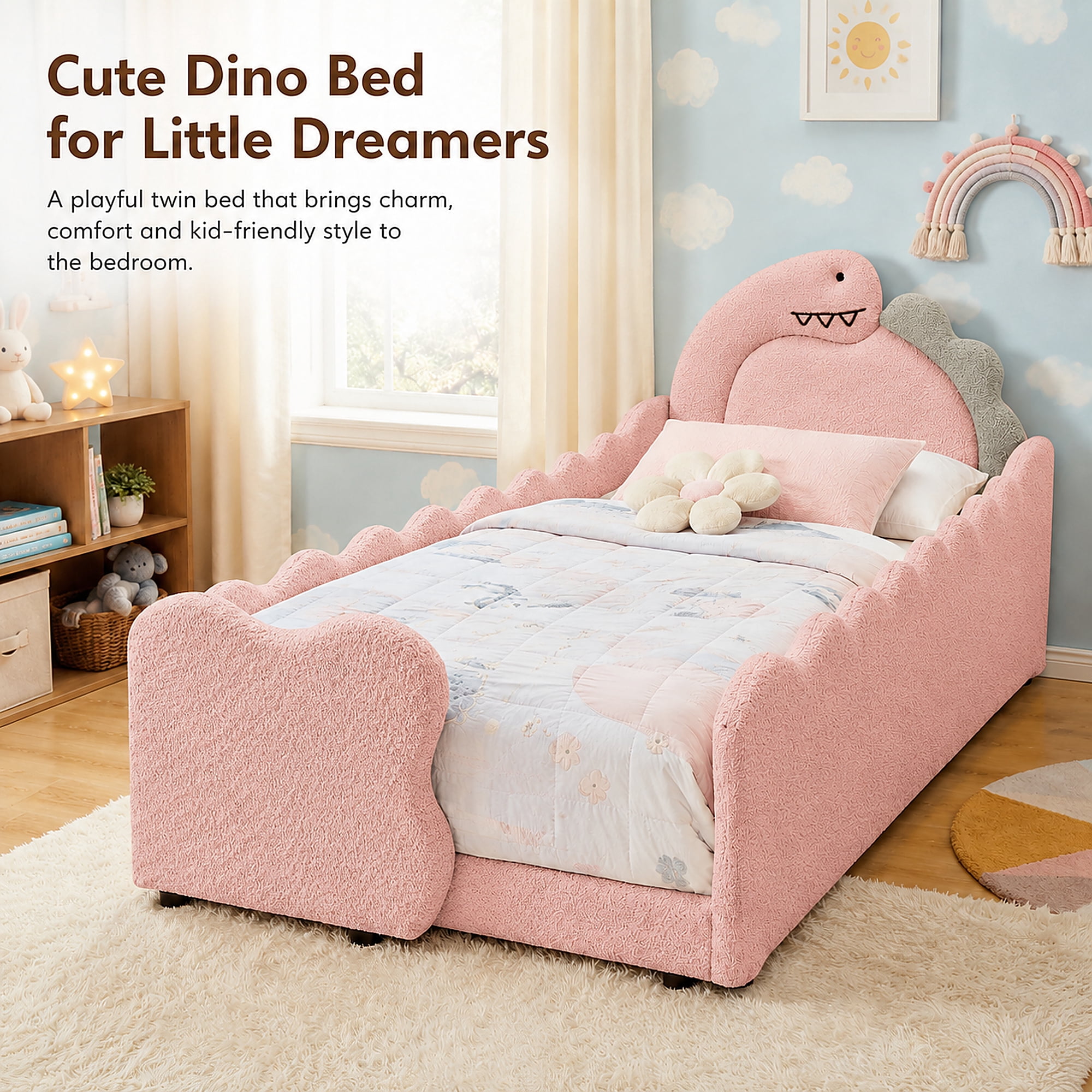 Miniyam Kids Twin Bed Frame, Boucle Upholstered Dinosaur Bed with Guardrails, Wood Slats, Pink
