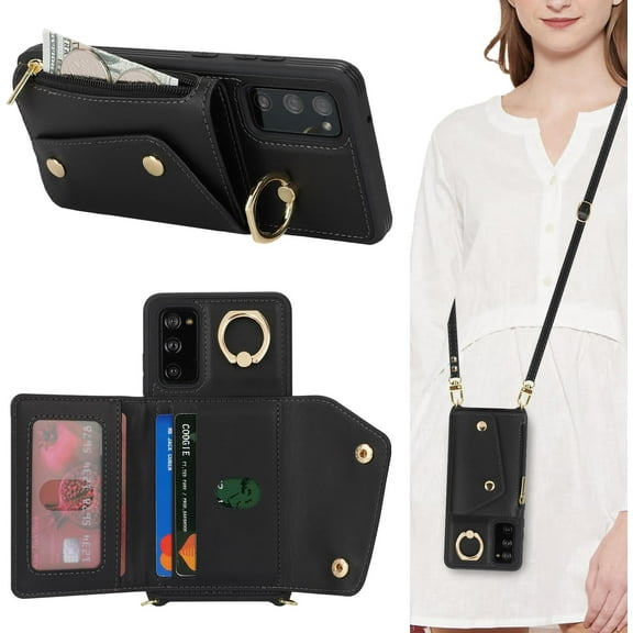 for Samsung Galaxy S20 FE Case with Card Holder and Strap - Zipper Pocket,Crossbody Lanyard Strap,Credit Card Holder,Stand Ring,Cute Phone Wallet Case for Women(Black,6.5 Inch)