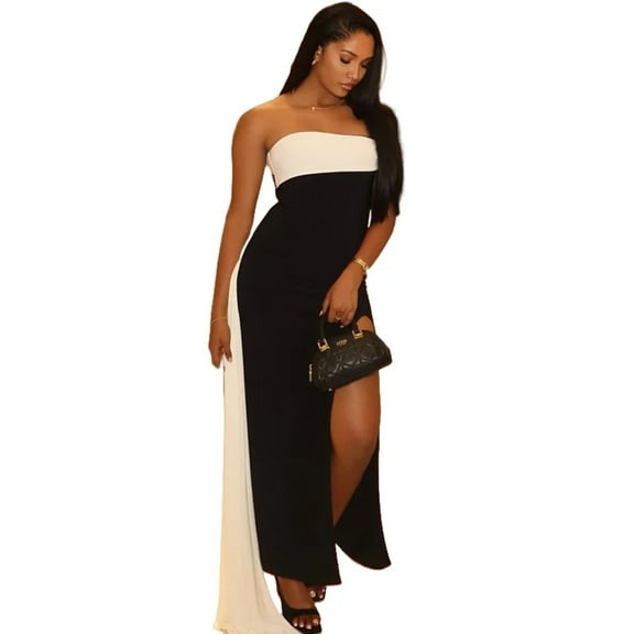 Women's Black & White Slash Neck Strapless Sleeveless Split Dress, Ribbons Decoration, Hips Wrapped
