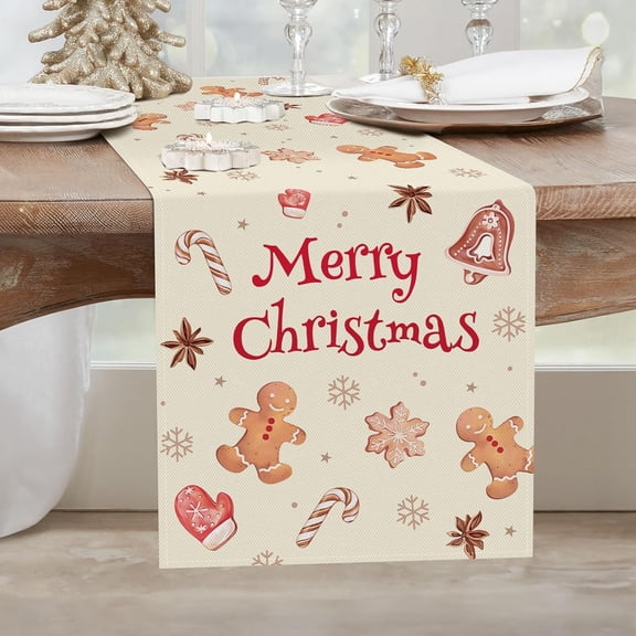 Christmas Gingerbread Table Runner 13x72 Inch Xmas Cookie Seasonal Winter Holiday Kitchen Dining Table Decoration for Indoor Outdoor Home Party Decor