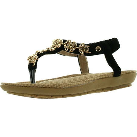 

Link Calista56 Kids Metallic Floral Rhinestone T-Strap Comfort Cushioned Thong Sandals Black Nub 9