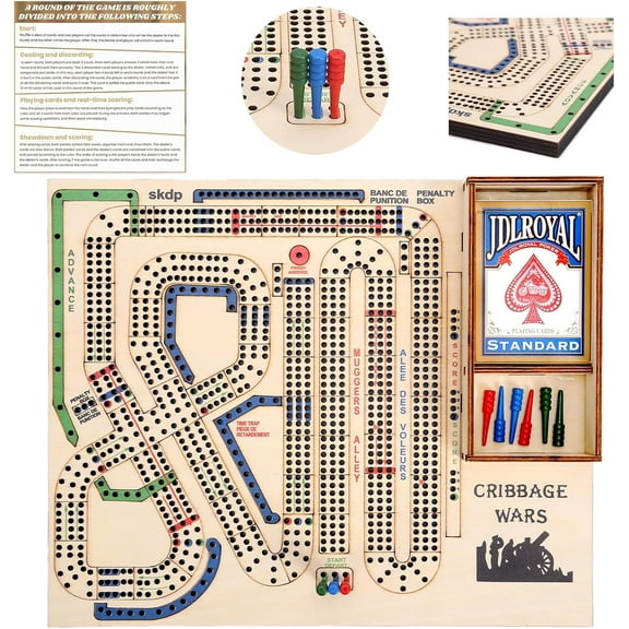 Cribbage Wars Board Game,2025 Wooden Cribbage Board Game Set Traps Games Classic Night Bar Games for Families with Built-in Storage Compartment for Cribbage Pegs
