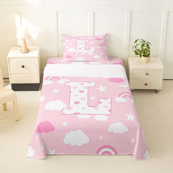 Castle Fairy Pink Rainbow Letter L Twin Sheet Sets 3pcs for Girls,Love Heart Print Bedding