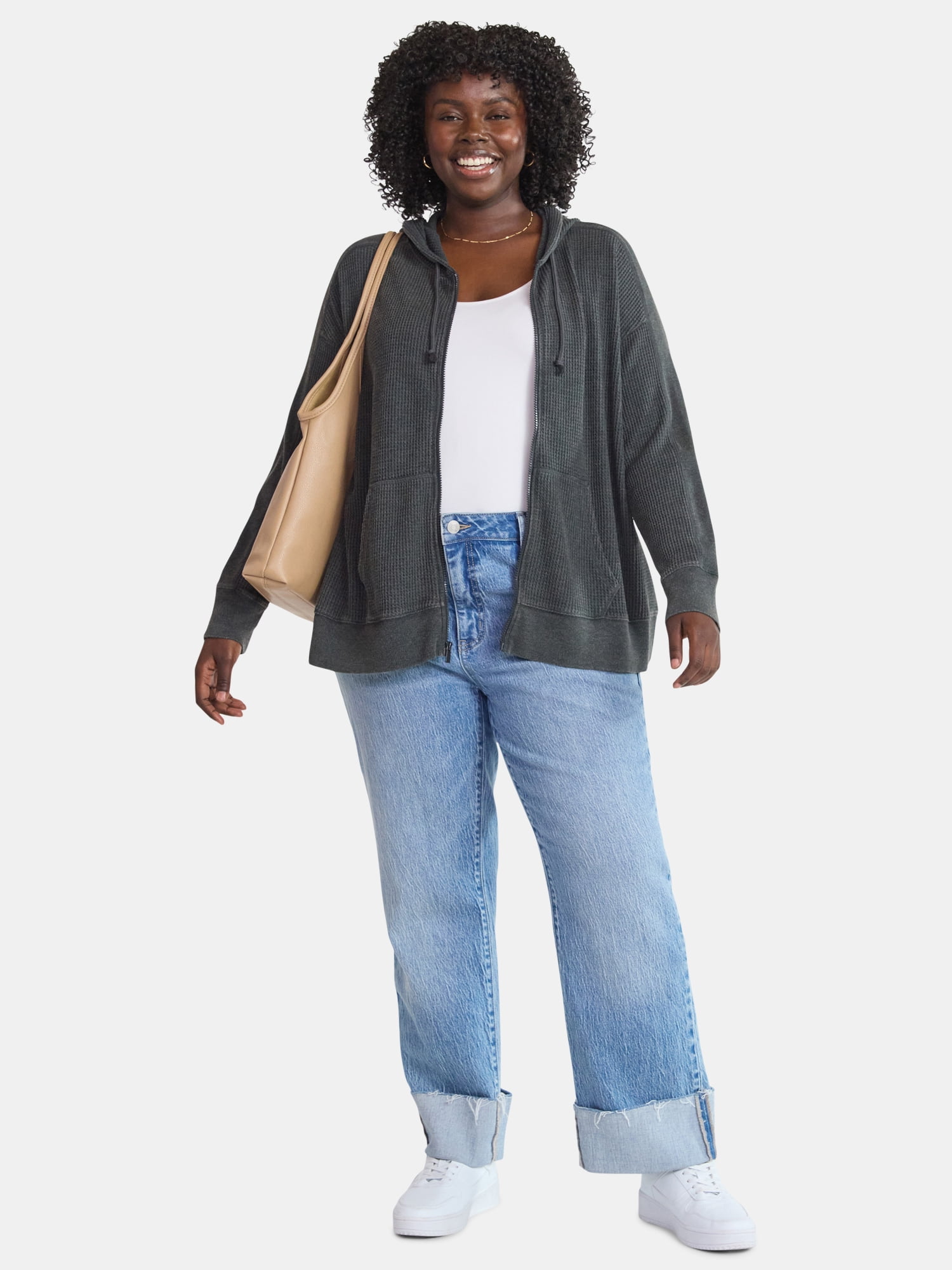 Terra & Sky Women's Plus Waffle Texture Zip Front Hoodie, Sizes 0X-4X