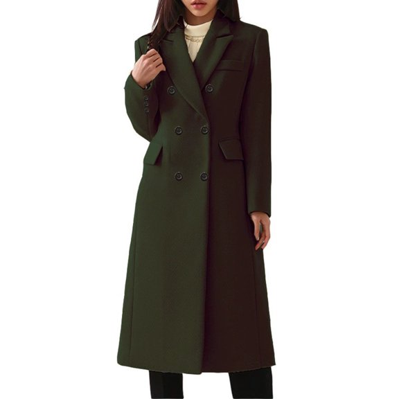Quixlent Double Breasted Trench Coat for Women Winter Notched Lapel Long Wool Blend Pea Coat Office Work Overcoat