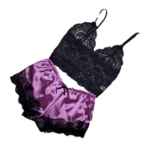 Women's Lace Pajamas Set 2 Piece Lounge Sets Spaghetti Strap Crop Cami Bralette and Short Pjs Comfy Sleepwear