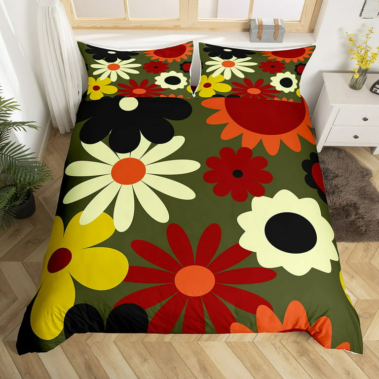 Vintage Floral Duvet Cover King Size for Kids Boys,60S 70S Groovy Blossom  Comforter Cover Grunge Room Decor for Teens Girls,Retro Hippie Flowers  Bedding Set Green Bedspread Cover with 2 Pillowcases 
