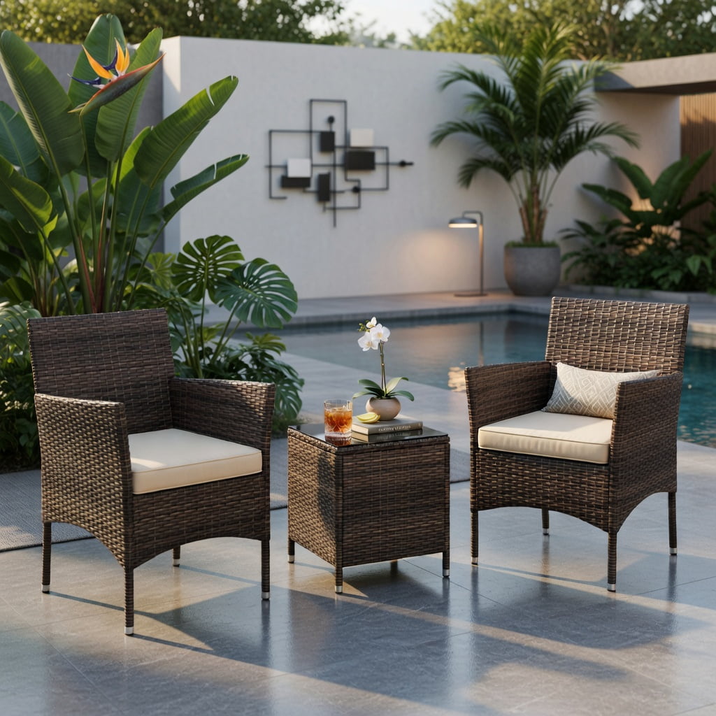 Hommoo 3-Piece Outdoor Wicker Conversation Set, Cushioned Patio Chairs + Tempered Glass Square Coffee Table, PE Rattan, Heavy-Duty Metal Frame, Brown
