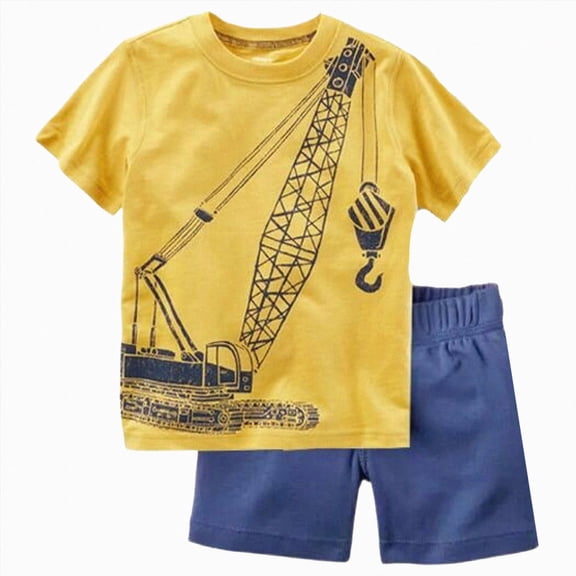 Toddler Boy Outfit Set Toddler Baby Boy Crane Construction Print Short Sleeve T-Shirt & Solid Shorts 2-Piece Summer Outfit Toddler Boy Summer Clothes