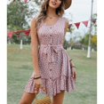 thumbnail image 2 of Vestido sin mangas de mujer con estampado de lunares y cuello en U, vestido de verano con dobladillo con volantes y correa en la cintura con un solo pecho, 2 of 8