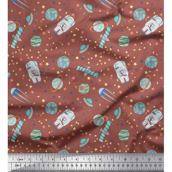 Soimoi Brown Georgette Viscose Fabric Astronaut & Planet Galaxy Print Sewing Fabric Yard 42 Inch Wide