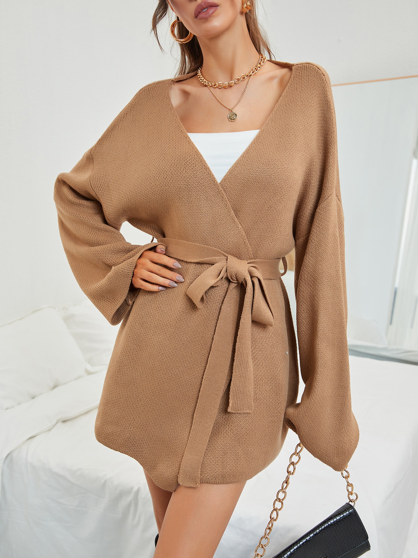 Camel Drop Shoulder Belted Cardigan 
